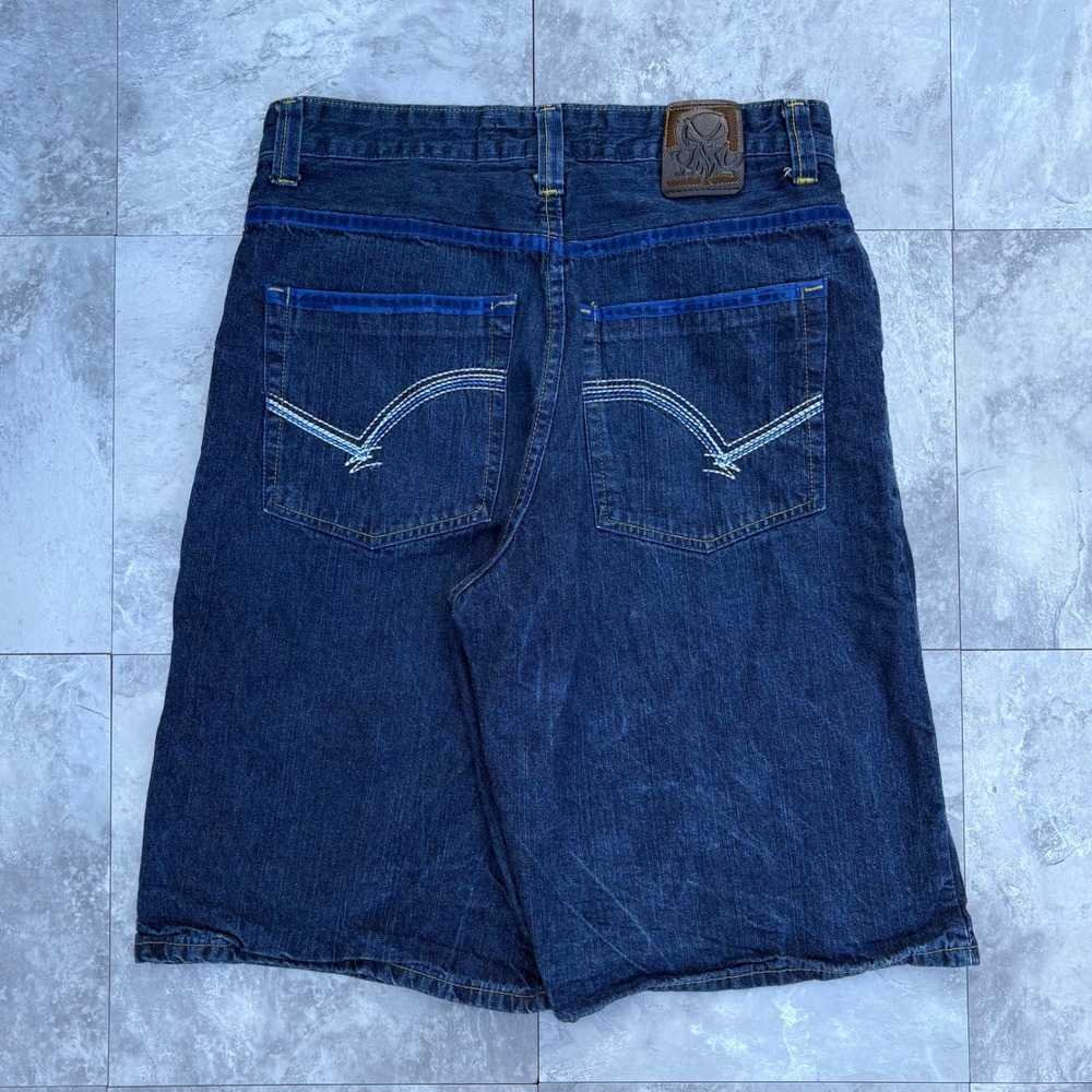 RMC Red Monkey Company Vintage Y2K / 2000s Blue Trim Baggy Denim Shorts Mens 34